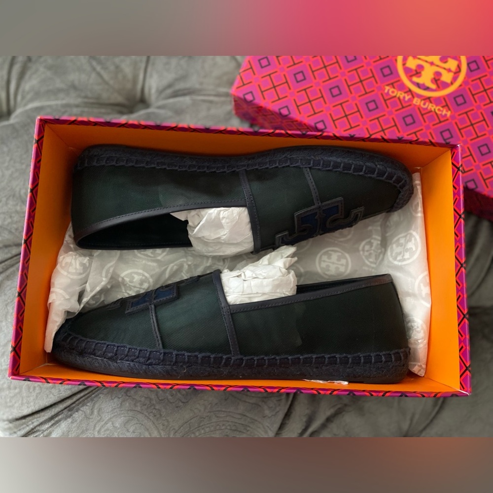 Authentic Tory Burch Ines Espadrille Mesh 
Leather Silk Suede Malachite/Navy - Picture 13 of 13